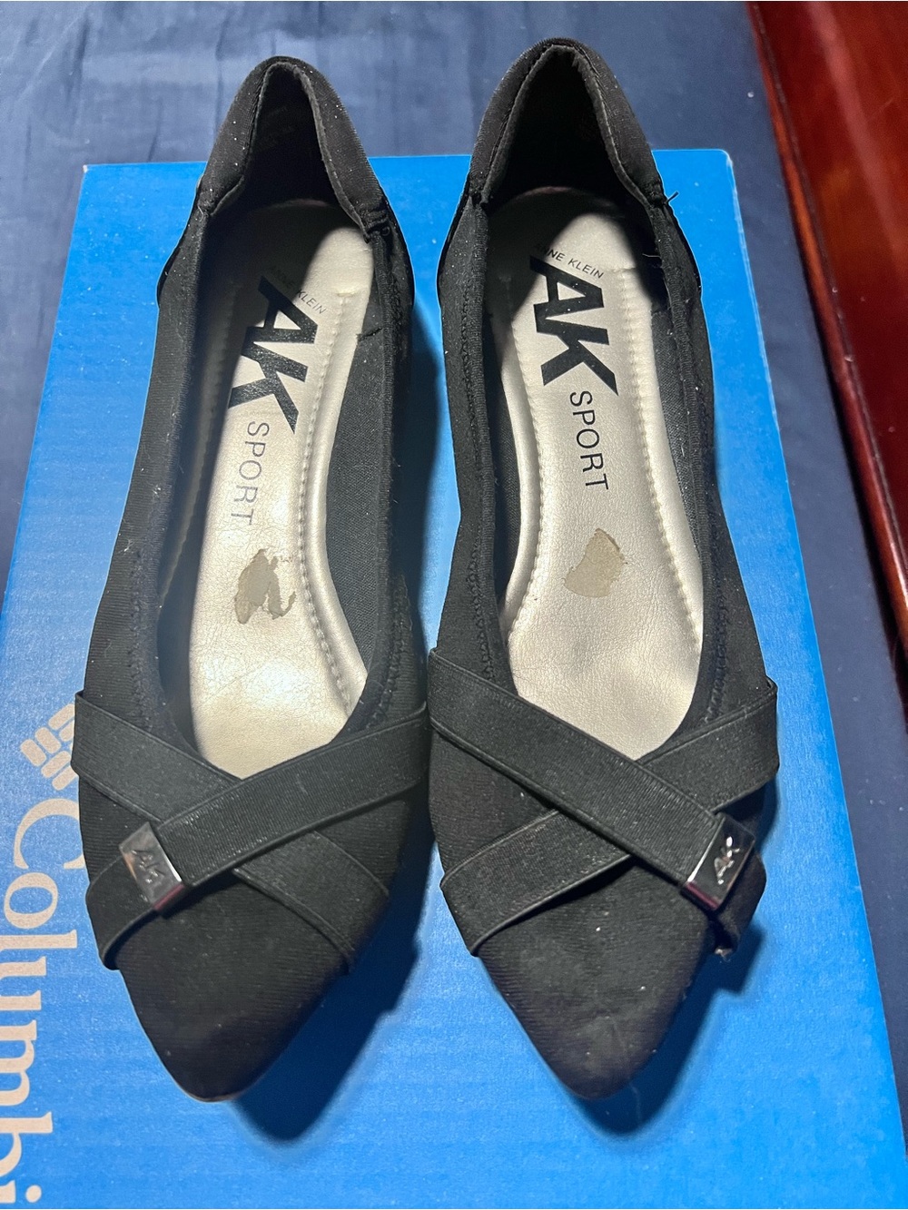 Anne Klein Sport Women’s Black Pointed-Toe Ballet Flats with Cross Strap